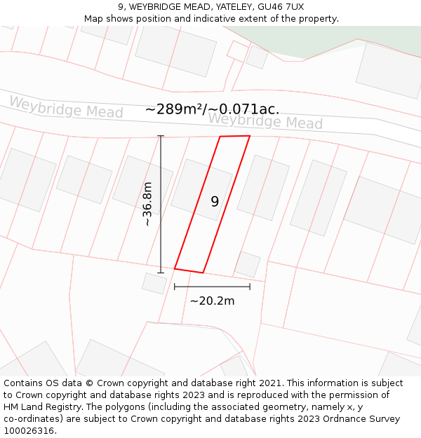 9, WEYBRIDGE MEAD, YATELEY, GU46 7UX: Plot and title map