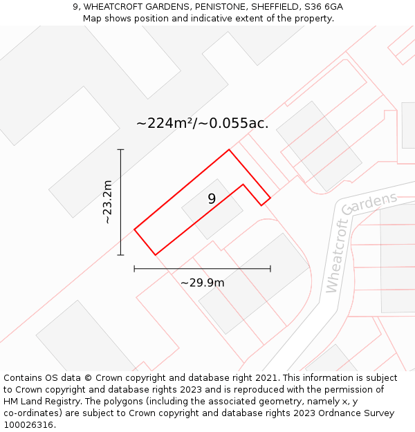 9, WHEATCROFT GARDENS, PENISTONE, SHEFFIELD, S36 6GA: Plot and title map