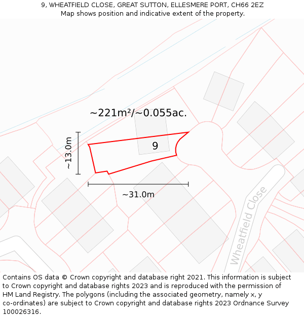 9, WHEATFIELD CLOSE, GREAT SUTTON, ELLESMERE PORT, CH66 2EZ: Plot and title map