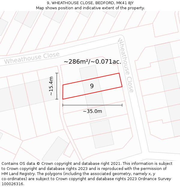 9, WHEATHOUSE CLOSE, BEDFORD, MK41 8JY: Plot and title map