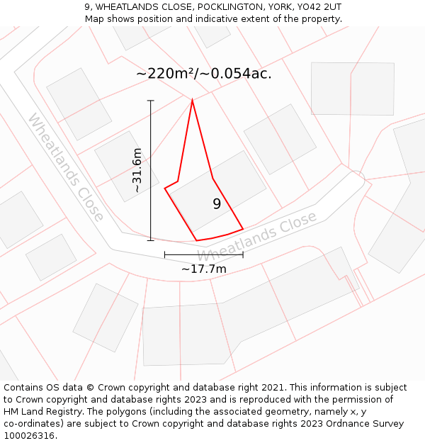 9, WHEATLANDS CLOSE, POCKLINGTON, YORK, YO42 2UT: Plot and title map