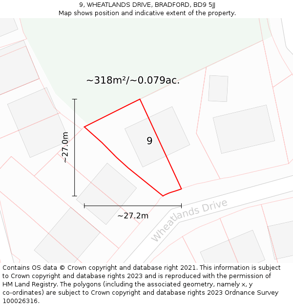 9, WHEATLANDS DRIVE, BRADFORD, BD9 5JJ: Plot and title map
