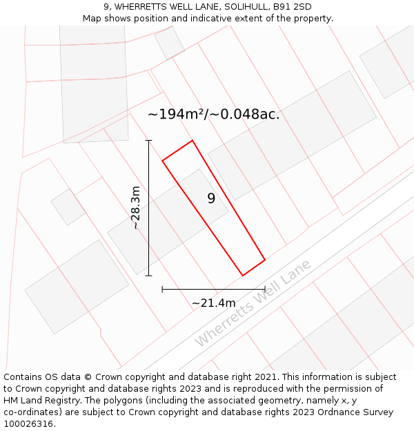 9, WHERRETTS WELL LANE, SOLIHULL, B91 2SD: Plot and title map