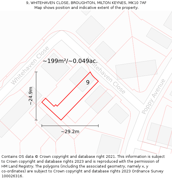 9, WHITEHAVEN CLOSE, BROUGHTON, MILTON KEYNES, MK10 7AF: Plot and title map