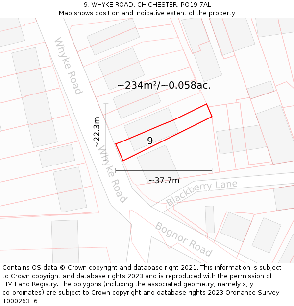 9, WHYKE ROAD, CHICHESTER, PO19 7AL: Plot and title map