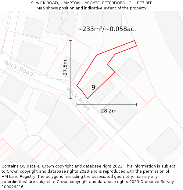 9, WICK ROAD, HAMPTON HARGATE, PETERBOROUGH, PE7 8FP: Plot and title map