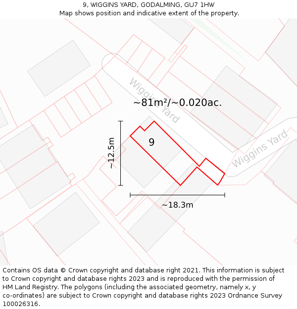 9, WIGGINS YARD, GODALMING, GU7 1HW: Plot and title map