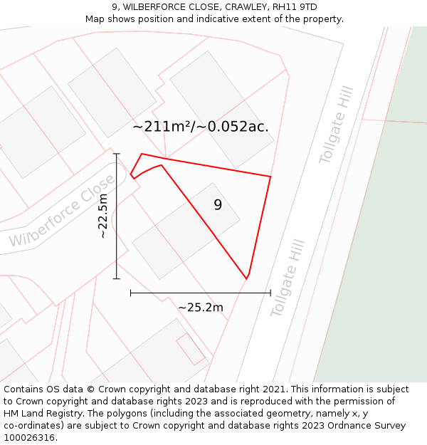 9, WILBERFORCE CLOSE, CRAWLEY, RH11 9TD: Plot and title map