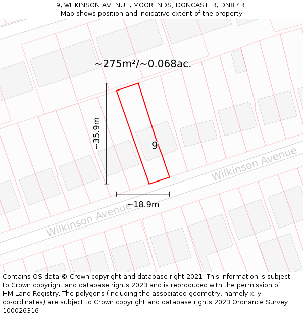 9, WILKINSON AVENUE, MOORENDS, DONCASTER, DN8 4RT: Plot and title map