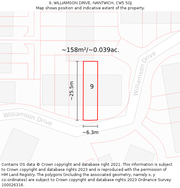 9, WILLIAMSON DRIVE, NANTWICH, CW5 5GJ: Plot and title map