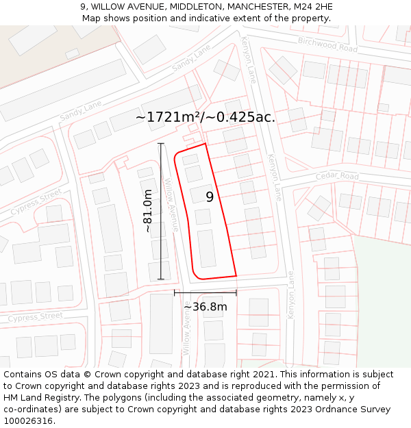 9, WILLOW AVENUE, MIDDLETON, MANCHESTER, M24 2HE: Plot and title map