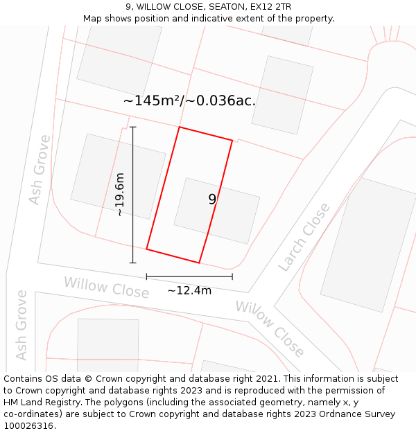 9, WILLOW CLOSE, SEATON, EX12 2TR: Plot and title map