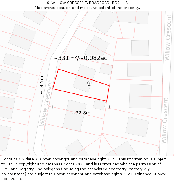 9, WILLOW CRESCENT, BRADFORD, BD2 1LR: Plot and title map