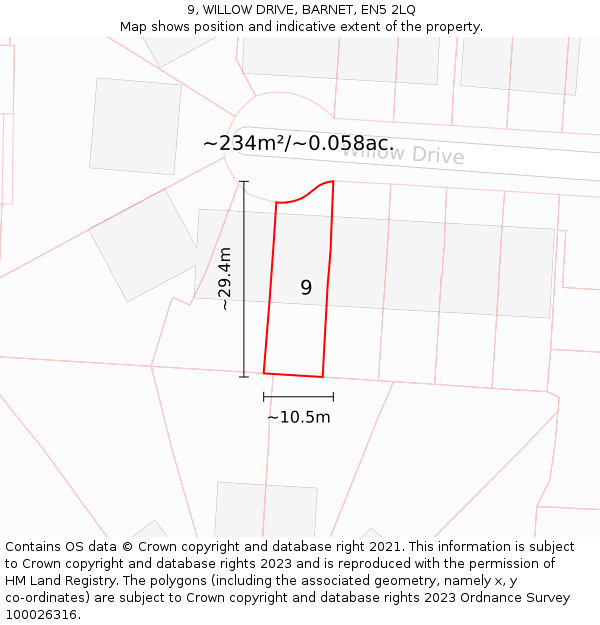 9, WILLOW DRIVE, BARNET, EN5 2LQ: Plot and title map