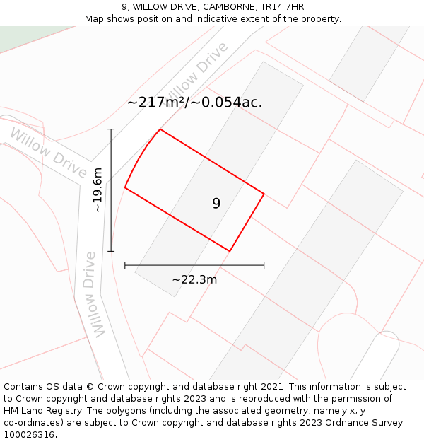 9, WILLOW DRIVE, CAMBORNE, TR14 7HR: Plot and title map
