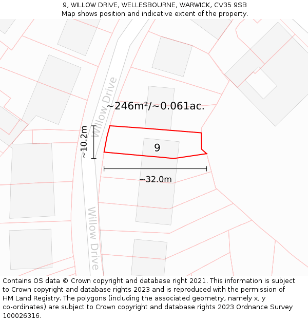 9, WILLOW DRIVE, WELLESBOURNE, WARWICK, CV35 9SB: Plot and title map