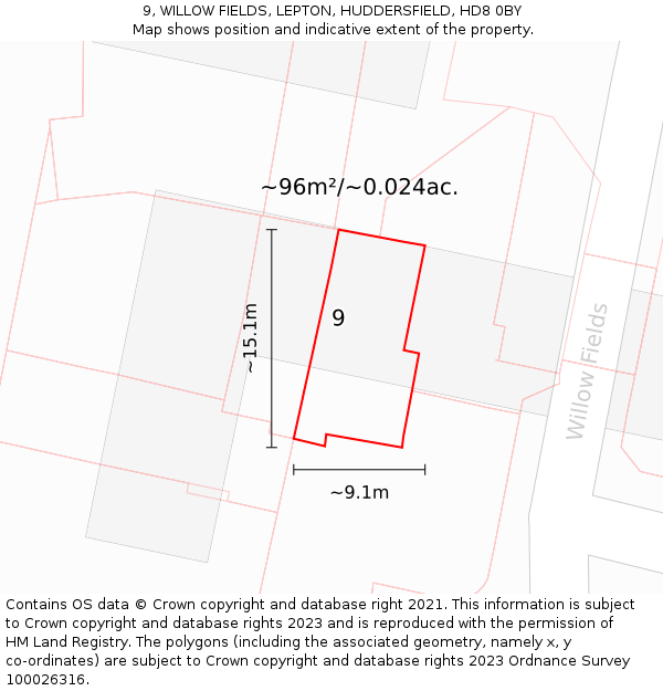 9, WILLOW FIELDS, LEPTON, HUDDERSFIELD, HD8 0BY: Plot and title map