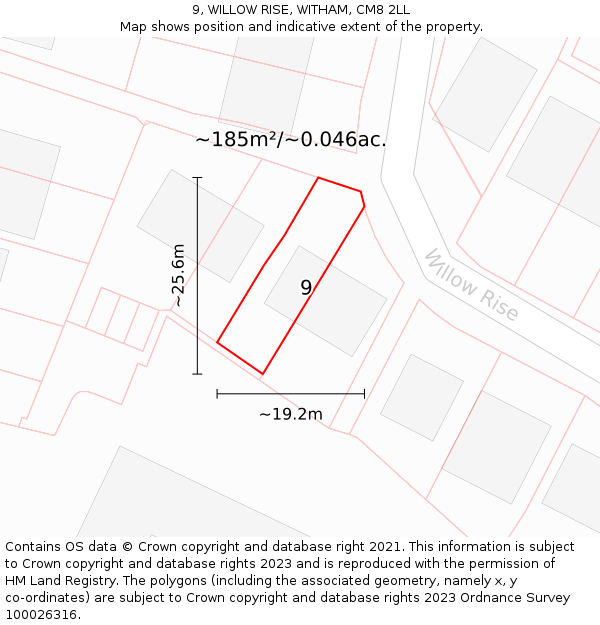 9, WILLOW RISE, WITHAM, CM8 2LL: Plot and title map