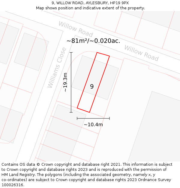 9, WILLOW ROAD, AYLESBURY, HP19 9PX: Plot and title map