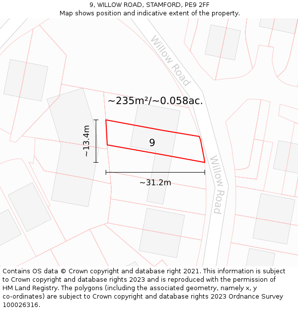 9, WILLOW ROAD, STAMFORD, PE9 2FF: Plot and title map