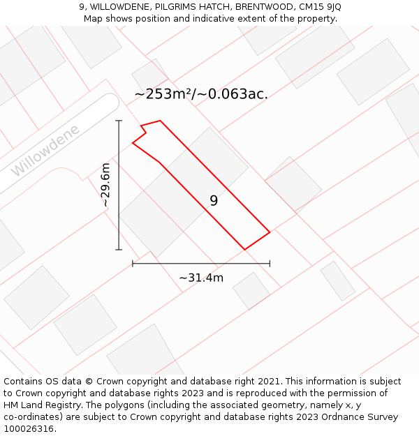 9, WILLOWDENE, PILGRIMS HATCH, BRENTWOOD, CM15 9JQ: Plot and title map