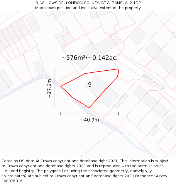 9, WILLOWSIDE, LONDON COLNEY, ST ALBANS, AL2 1DP: Plot and title map