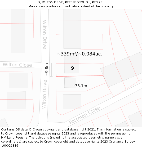 9, WILTON DRIVE, PETERBOROUGH, PE3 9RL: Plot and title map