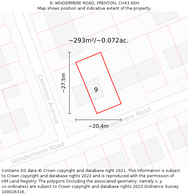 9, WINDERMERE ROAD, PRENTON, CH43 9SH: Plot and title map