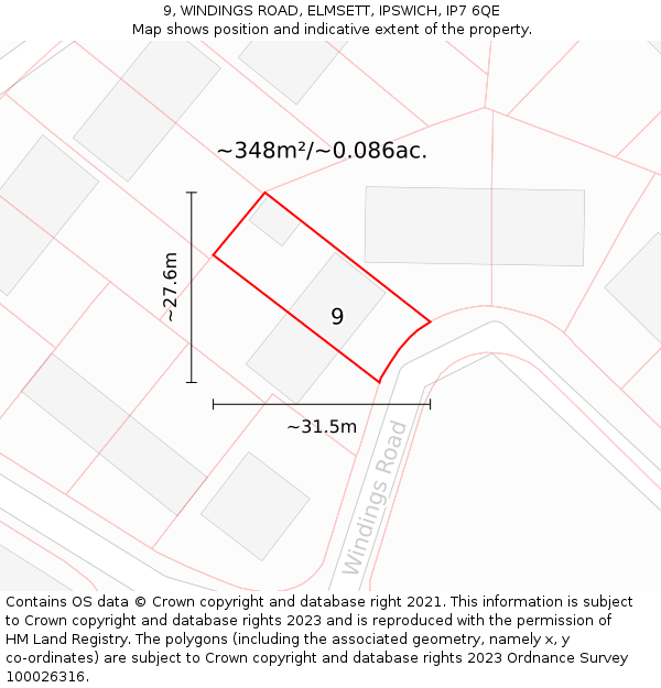 9, WINDINGS ROAD, ELMSETT, IPSWICH, IP7 6QE: Plot and title map