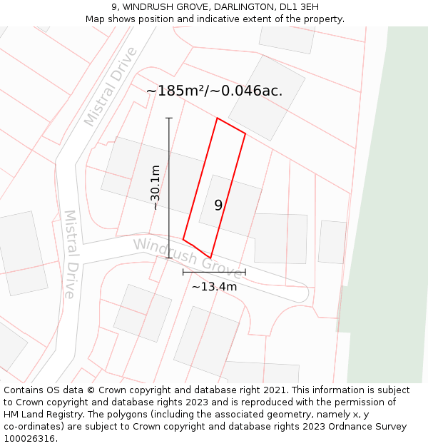 9, WINDRUSH GROVE, DARLINGTON, DL1 3EH: Plot and title map