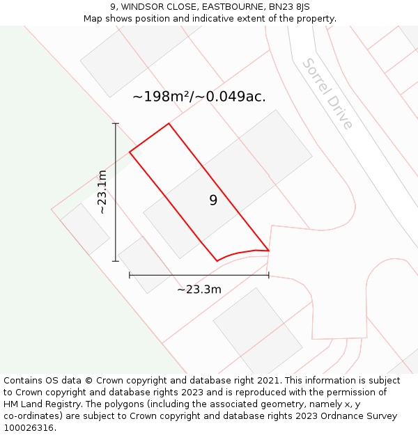 9, WINDSOR CLOSE, EASTBOURNE, BN23 8JS: Plot and title map