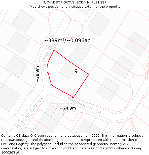 9, WINDSOR GROVE, BODMIN, PL31 2BP: Plot and title map
