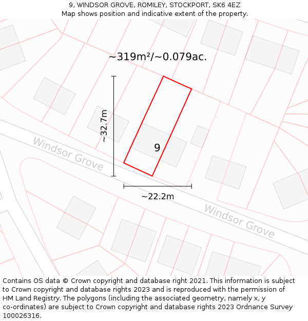 9, WINDSOR GROVE, ROMILEY, STOCKPORT, SK6 4EZ: Plot and title map