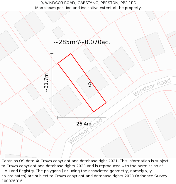 9, WINDSOR ROAD, GARSTANG, PRESTON, PR3 1ED: Plot and title map