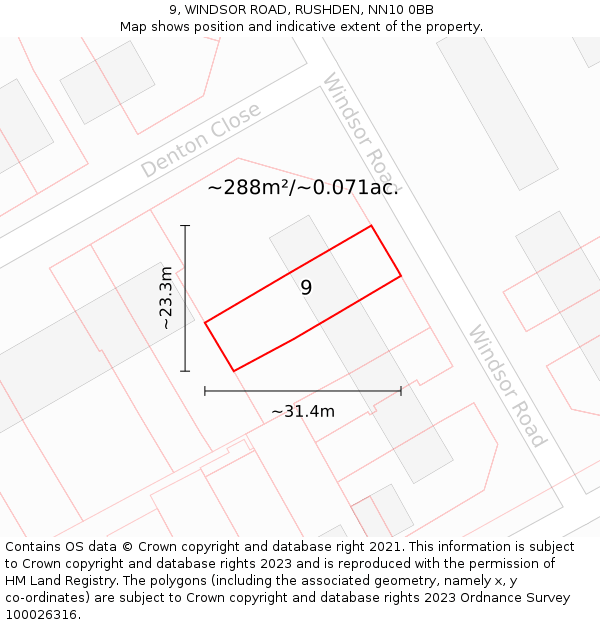 9, WINDSOR ROAD, RUSHDEN, NN10 0BB: Plot and title map