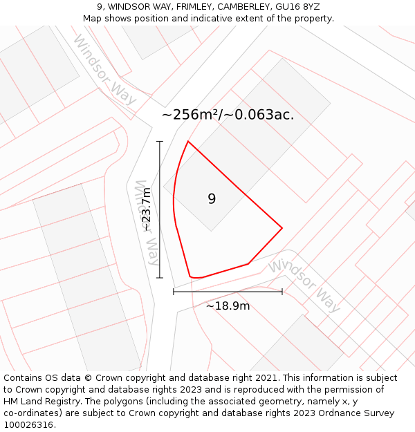 9, WINDSOR WAY, FRIMLEY, CAMBERLEY, GU16 8YZ: Plot and title map