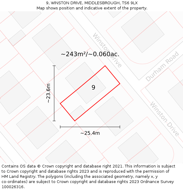 9, WINSTON DRIVE, MIDDLESBROUGH, TS6 9LX: Plot and title map