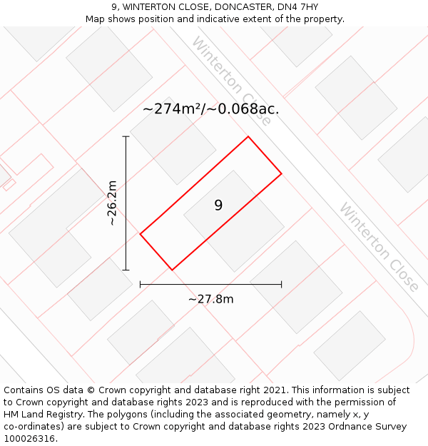 9, WINTERTON CLOSE, DONCASTER, DN4 7HY: Plot and title map