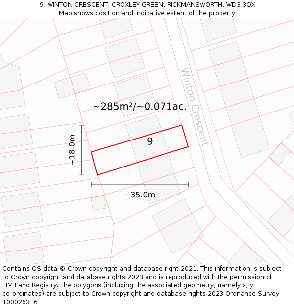 9, WINTON CRESCENT, CROXLEY GREEN, RICKMANSWORTH, WD3 3QX: Plot and title map