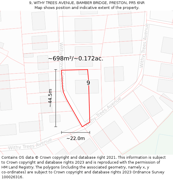9, WITHY TREES AVENUE, BAMBER BRIDGE, PRESTON, PR5 6NR: Plot and title map