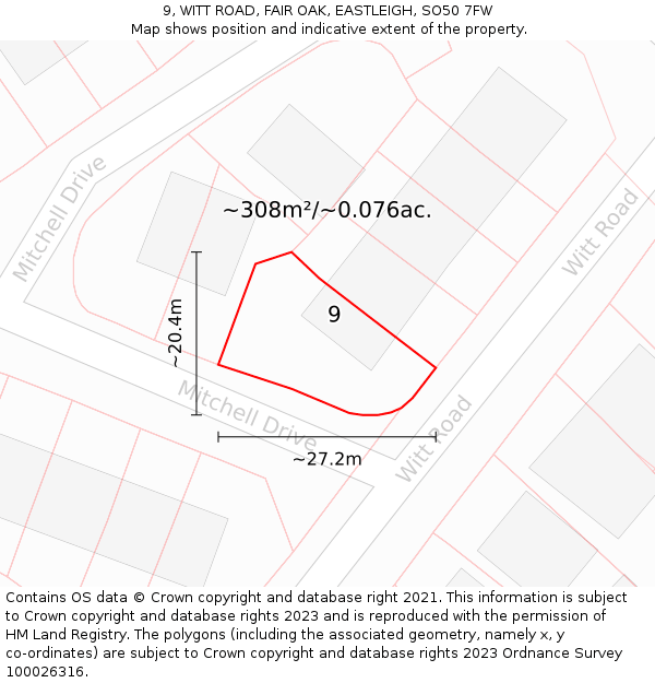 9, WITT ROAD, FAIR OAK, EASTLEIGH, SO50 7FW: Plot and title map
