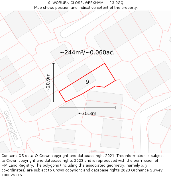 9, WOBURN CLOSE, WREXHAM, LL13 9GQ: Plot and title map