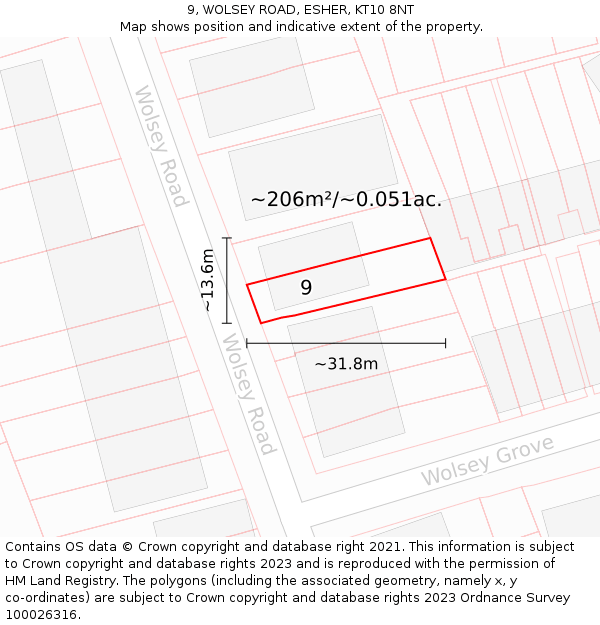9, WOLSEY ROAD, ESHER, KT10 8NT: Plot and title map