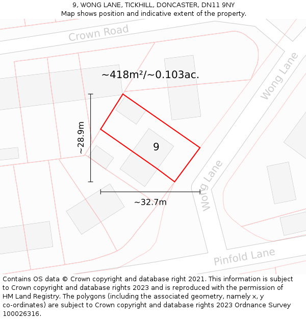 9, WONG LANE, TICKHILL, DONCASTER, DN11 9NY: Plot and title map