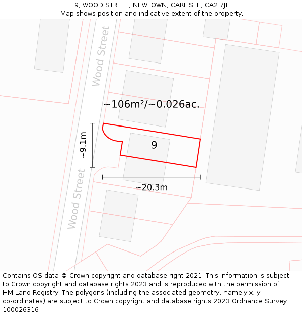 9, WOOD STREET, NEWTOWN, CARLISLE, CA2 7JF: Plot and title map