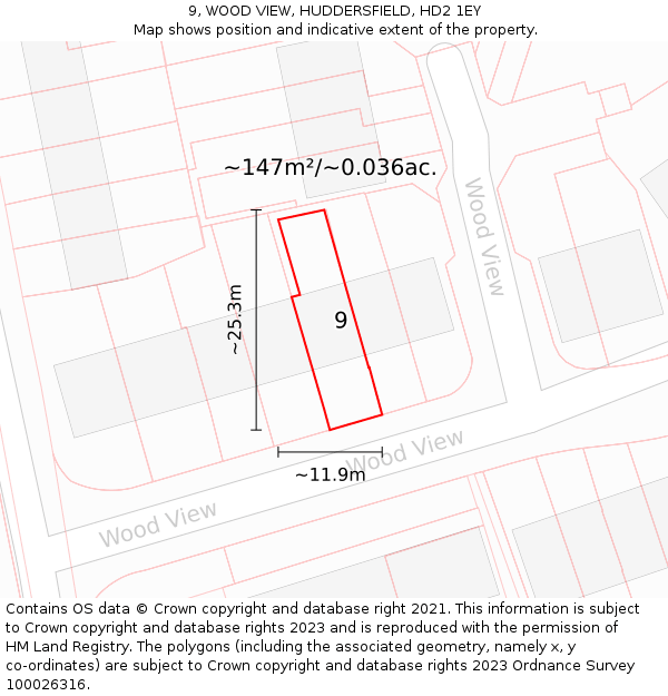 9, WOOD VIEW, HUDDERSFIELD, HD2 1EY: Plot and title map