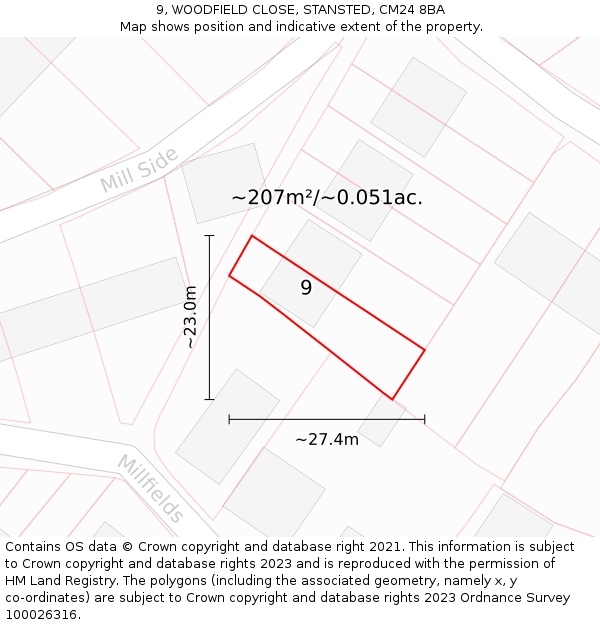9, WOODFIELD CLOSE, STANSTED, CM24 8BA: Plot and title map