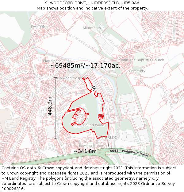 9, WOODFORD DRIVE, HUDDERSFIELD, HD5 0AA: Plot and title map