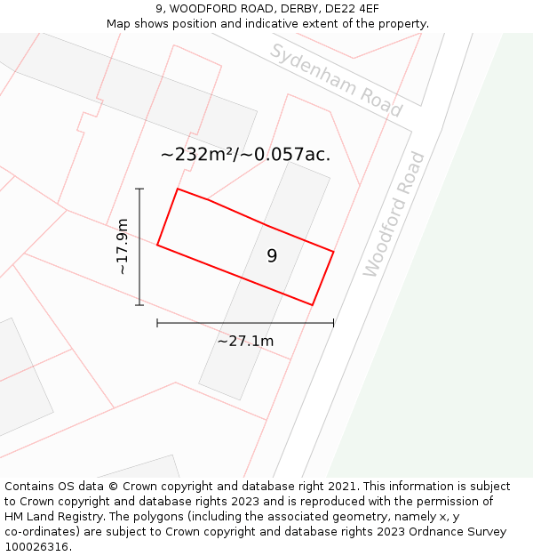 9, WOODFORD ROAD, DERBY, DE22 4EF: Plot and title map