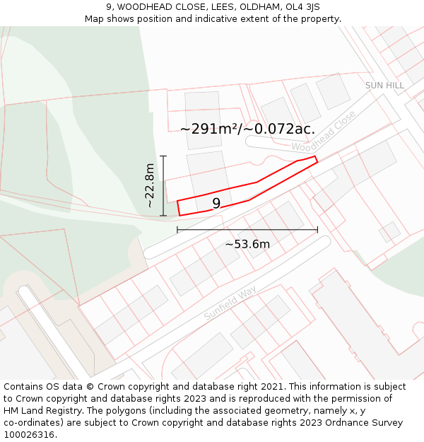9, WOODHEAD CLOSE, LEES, OLDHAM, OL4 3JS: Plot and title map